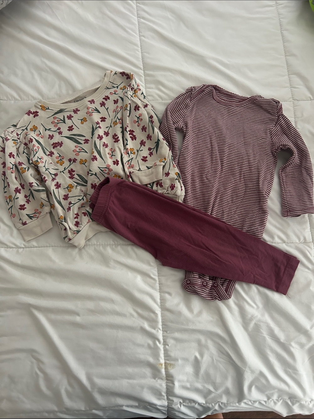 Girls Floral Cream Long Sleeve Top & Plum Leggings Set